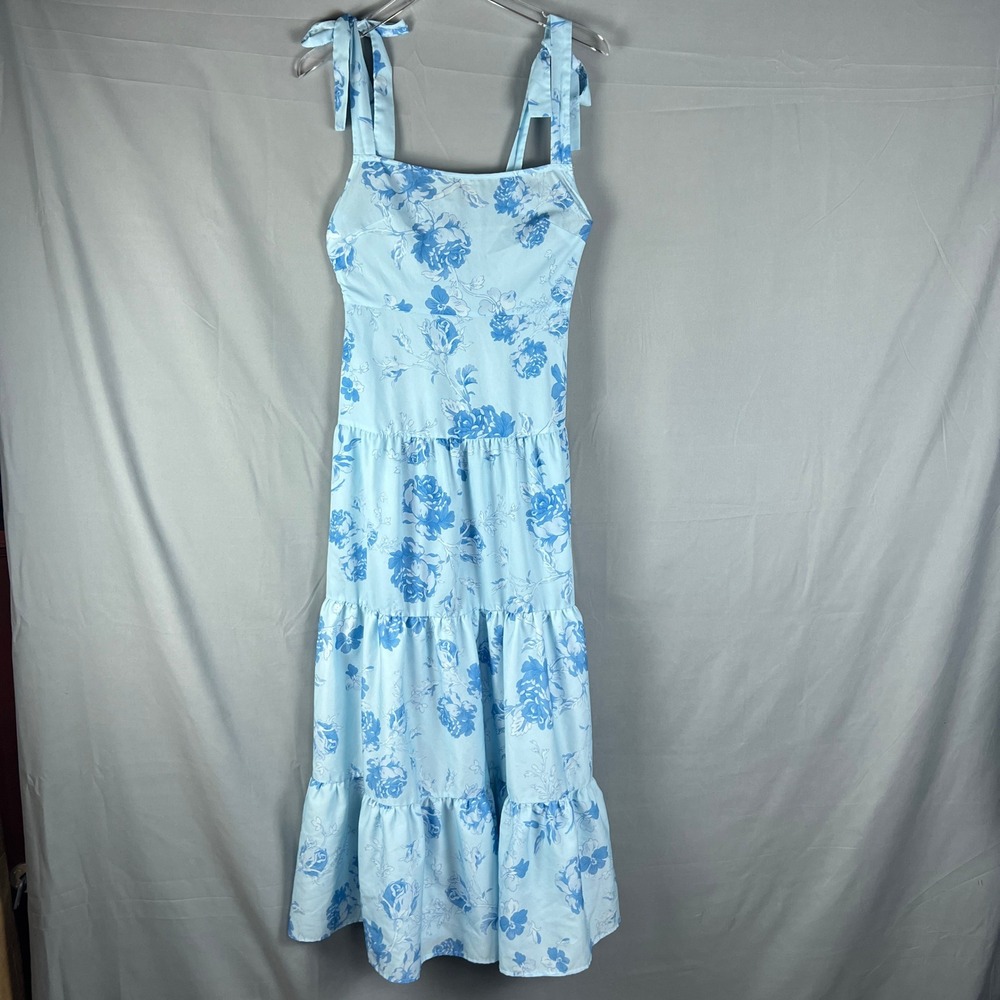 Hekka Maxi Dress Womens Small Blue Floral Tiered Pleated Tie Shoulder Strap